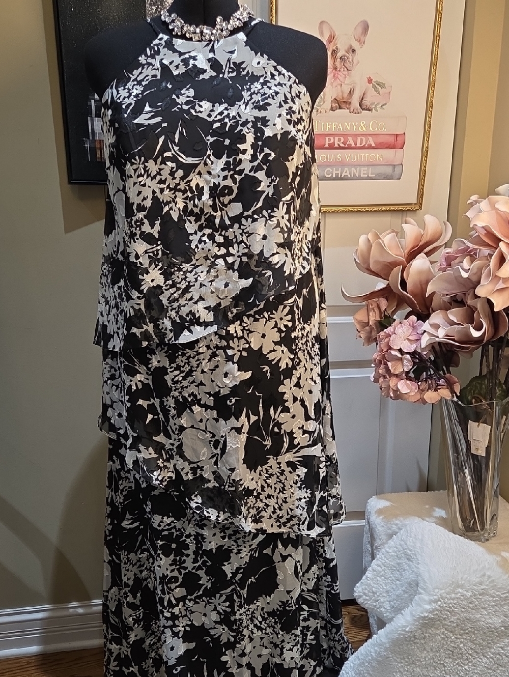 Nwt 20 David's Bridal Black and White Floral Maxi Dress